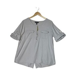 Tunic Top Women L Beige Linen Blend Roll Tab Sleeve 1/2 Zip Minimalist Old Money